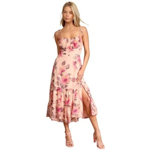 Lulus Kleid Damen Medium Rosa Midi Blumen Milkmaid Stufen Rüschen Feengarten - Bild 1 von 11
