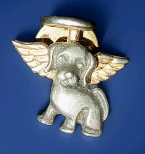 Vintage Christian Pewter Dog Angel With Gold Wings & Gold Halo Metal Pin Brooch - Picture 1 of 3