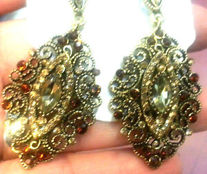 Gorgeous Gold Dangle Chandelier Amber Crystal & Rhinestone Pierced Earrings