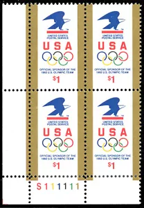 Scott 2539, the 1991 $1.00 Eagle & Olympic Rings Plate Number Bock of 4, MNH - Picture 1 of 1