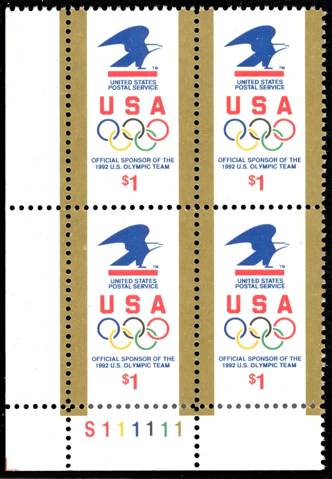 Scott 2539, the 1991 $1.00 Eagle & Olympic Rings Plate Number Bock of 4, MNH - Image 1 of 1