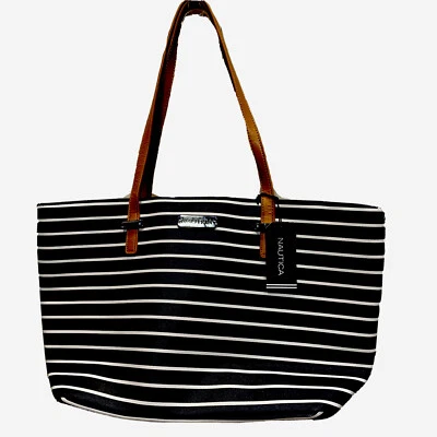 NAUTICA Mujer Bolso de Mano Bolso de Playa Azul Blanco Rayas Grande Imitación Lona Foto 1 de 4