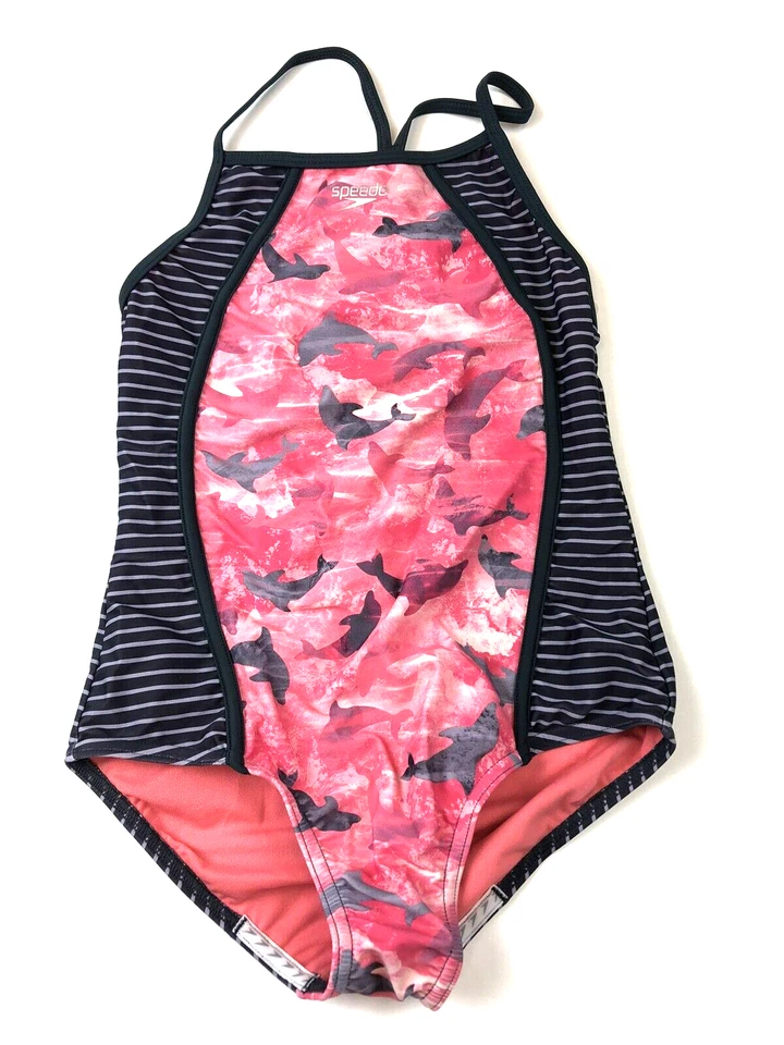 Speedo Girl's Swimwear Pink Gray Purple Size 14 Swimsuit Dolphin Printed #778