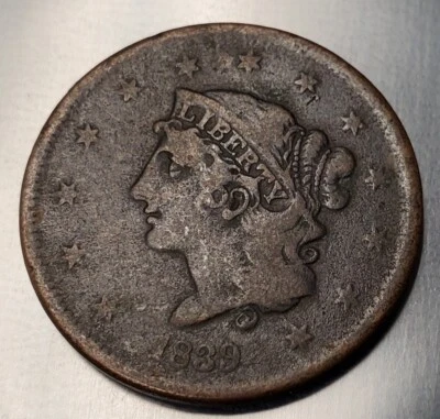 1839 Large Cent Booby Head Vf Very Fine Us Mint Copper Coin - Image 1 of 2