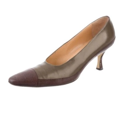 Brown lizard and Olive green leather green Walter Steigler Semi pointed pumps. - Image 1 of 4