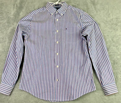Tommy Hilfiger Mens M Button Down Shirt Red Blue White Striped 100s 2-Ply Cotton - Image 1 of 4