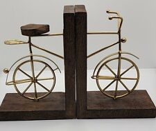 Brass Bicycle Wood Bookends Wood Seat Biker Brown Gold Retro Vintage Set  7.5”