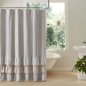 SHOWER CURTAIN COUNTRY FARMHOUSE TICKING STRIPE RUFFLED FABRIC 72x72 | KAILA - Picture 1 of 3