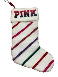 Victoria's Secret PINK Ombre Logo White Sherpa Striped Christmas Stocking - Picture 1 of 4