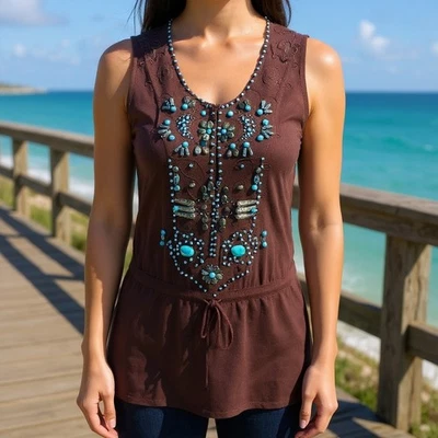 Dolce Cabo 女式 M 深棕色绿松石串珠装饰无袖上衣 5708 — 第 1/4 张图片