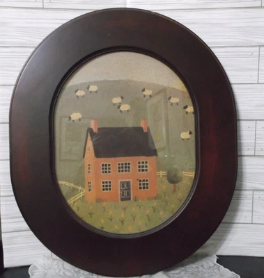 Impressão de arte popular primitiva emoldurada oval - fazenda com cerca de piquete e ovelha - Imagem 1 de 4