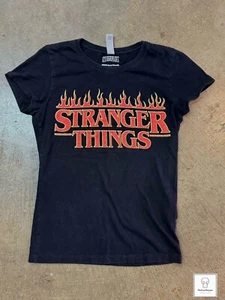 Girl's Stranger Things Logo T-Shirt Large 10-12 Black Next Level - Picture 1 of 5
