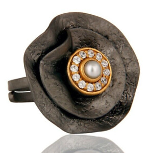 Black Fiesta Flowers Gemstone Rings Two Tone Adjustable Rings With Pearl Stone