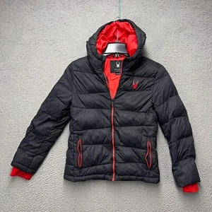 Spyder Puffer Jacket Boys Medium Black Full Zip Outdoor Hiking Hood Winter FLAW - Picture 1 of 14