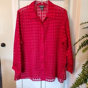 Notations Women's Button Down Blouse Sheer Top Red Festive Squares - Picture 1 of 6