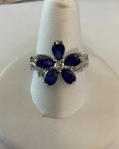 Blue Sapphire Sterling Silver Flower Ring (8) - Picture 1 of 6