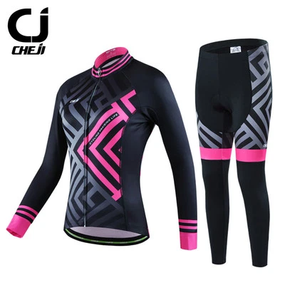CHEJI розовый лабиринт женщин тепловой флис Велоспорт набор зимние велосипедные брюки Джерси комплект - Изображение 1 из 4