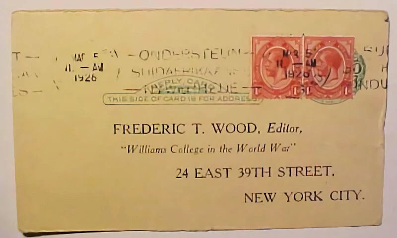 SUDÁFRICA 1926 EN RESPUESTA TARJETA POSTAL EE. UU. Foto 1 de 1