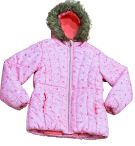 Rothschild Puffer Jacket Coat Pink Shiny Hearts Faux Fur Hood Girls Size 10/12 - Picture 1 of 6
