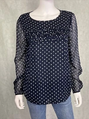 Blusa Top J Crew 100% Seda Azul Marino Beige Lunares Volantes Frontal Manga Transparente Talla 8 Foto 1 de 4