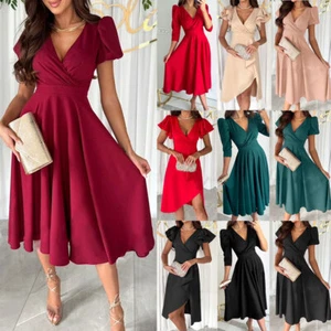 Women Wrap V Neck Midi Dress Formal Party Swing Dress Evening Cocktail Ball cown - Picture 1 of 54