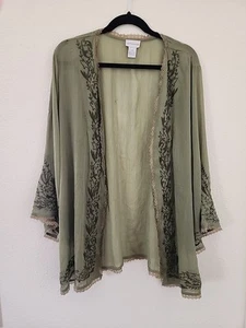 Womens Soft Surroundings Green Open Front Embroidered Cardigan - Picture 1 of 5