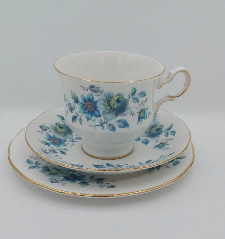 Queen Anne Vintage Tea Cup Trio, Blue Flowers with gold trim (made in England) - image 1 of 4