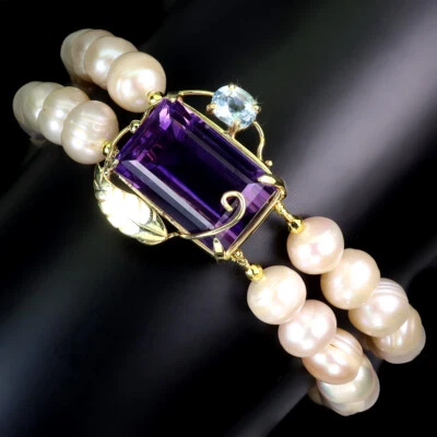 925 Sterling Silver Bracelet Amethyst 18x12mm Pearl Handmade Gemstone Jewelry - Image 1 of 4