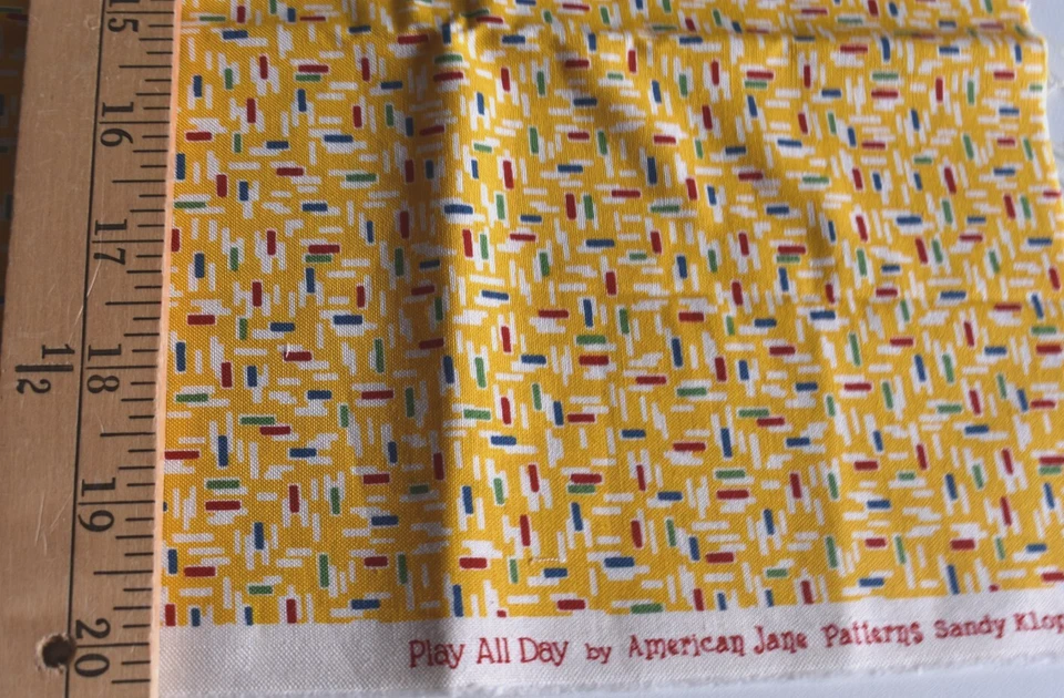 PLAY ALL DAY MULTI STICKS  ON YELLOW MODA FABRICS 100% COTTON FABRIC   10X43" - Image 1 of 2