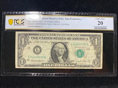 1963 $1 Rare Low Serial Number FRN # 9 Currency Bill Note Fancy PCGS VF20 - Image 1 of 4