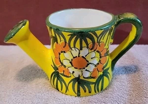 Ceramic Hand Painted Watering Can, Yellow, Green, Orange Flowers Planter - Picture 1 of 9