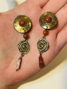 VTG Brutalist Brass Earrings statement dangle Clip Chunky Modernist Red Jasper - Picture 1 of 7