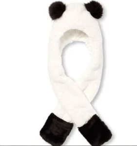 Girls Faux Fur Panda Patch Hat Scarf Faux Fur Pom Poms S M L XL NEW Soft Warm - Picture 1 of 3