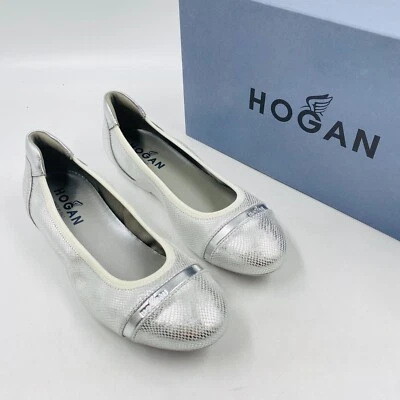 HOGAN Scarpe Balletto Piatte In Pelle Argento Taglia EUR 34.5 UK 1.5 US 4.5 - Immagine 1 di 4