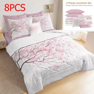 8PCS BlessLiving Pink Cherry Blossom Comforter Set Twin Size Soft Bedding Set - Picture 1 of 11