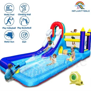 Kids Inflatable Long Water Slides Bounce House Splash Big Pool w/ 480W Blower - Picture 1 of 8