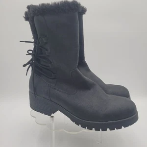 Womens Black Mid-Calf Boots With Lace-Up Back & Faux Fur Trim Size 11M - Picture 1 of 9