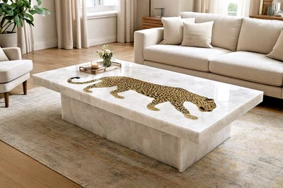 White Quartz Dining Center Table with Tiger Inlay Art Handmade Luxury Furniture - Image 1 of 4