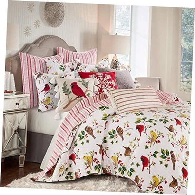  - Joy Birds Quilt - - Birds and Holly - Red, Green, Citron, Taupe, Brown  King - Image 1 of 4