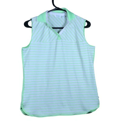 Camisa polo de golf Henley a rayas blancas verdes elásticas para dama Hagen M Foto 1 de 4