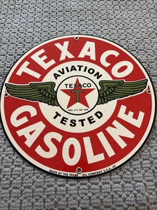 Letrero de metal esmaltado porcelana gasolina Texaco 12” 1949 hecho en Texas - Imagen 1 de 12