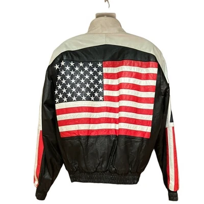 Chaqueta mediana de cuero negra NCAF para hombre EE. UU. en mangas y bandera en la espalda Foto 1 de 4