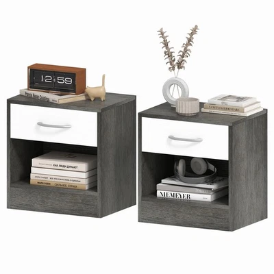 HOMCOM Set 2 Comodini con Ripiano Aperto e Cassetto Bianco e Grigio Scuro - Immagine 1 di 4