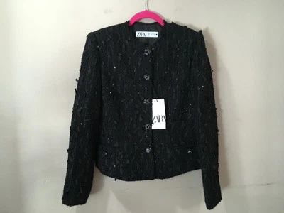 Zara Jacket Structured Sequins Blazer Black Classic Womens M New 3736/270 - Image 1 of 4