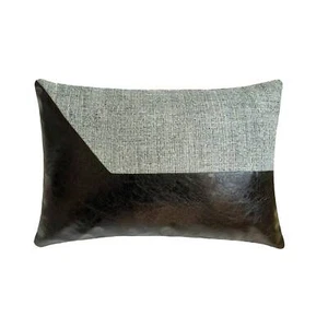 Faux Leather & Jute Lumbar Pillow Cover Set of 2, Textured Jute - Rhiannon Black - Picture 1 of 3
