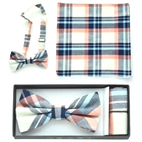 Pre Tied Bow Tie Pocket Black White Pink Blue Hankie Handkerchief Plaid Checkers - Image 1 of 1