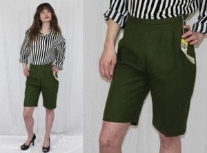 Vintage 60s OLIVE Green Wool High Waist Metal Side Zip Retro Bermuda Shorts 26"W - Picture 1 of 7
