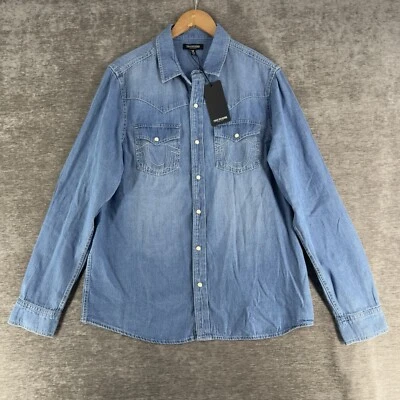 True Religion Denim Chambray Western Shirt Men’s M Pearl Snap Long Sleeve NWT - Image 1 of 4