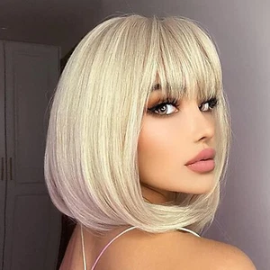 Atayea Blonde Bob Wig woman bangs short straight synthetic party female cosplay - Picture 1 of 24