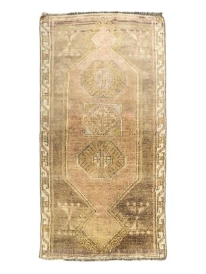 Muted Small Vintage Turkish Rug- 1.9x3.3 ft Oushak Thin Runner- Floor, Door Mat - Image 1 of 4